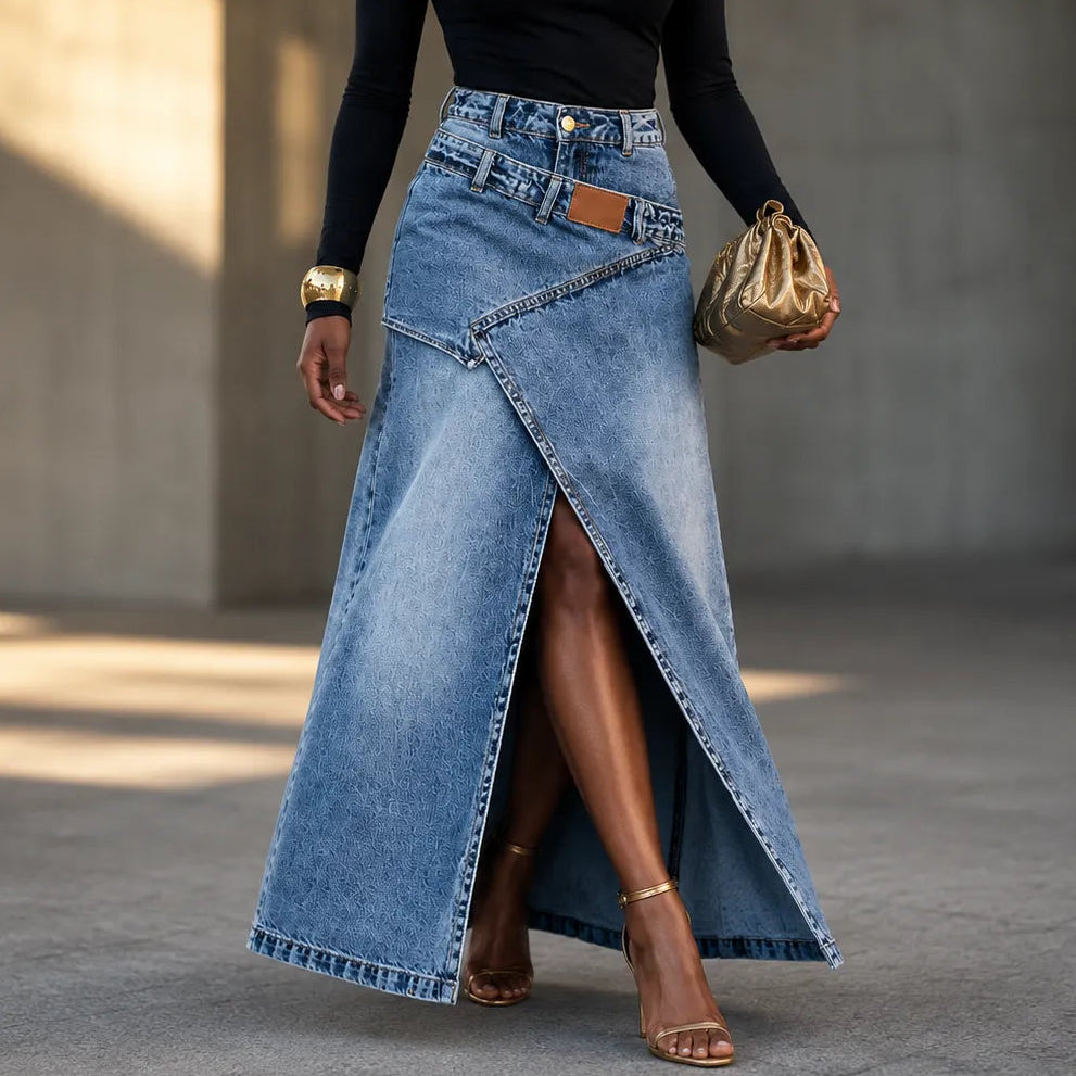 Saviera – Asymmetric Layered Denim Maxi Skirt with High Front Slit Saviera – Asymmetric Layered Denim Maxi Skirt with High Front Slit