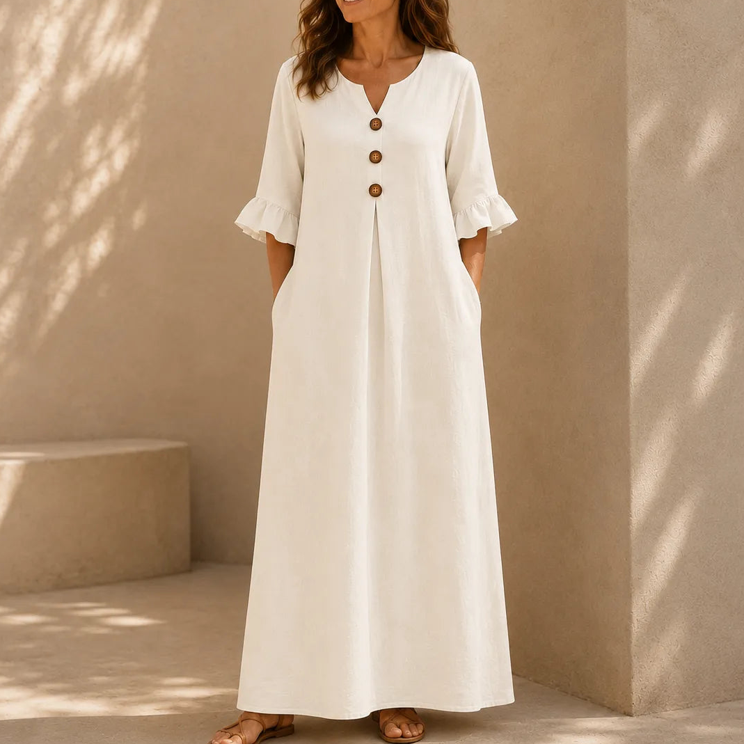 long sleeve white flowy dress Marellia – Linen-Look V-Neck Maxi with Pockets – Lark & Clover sub-category:Midi Dresses neck (and back) The perfect mini lace Color:CanyonRose-LY020