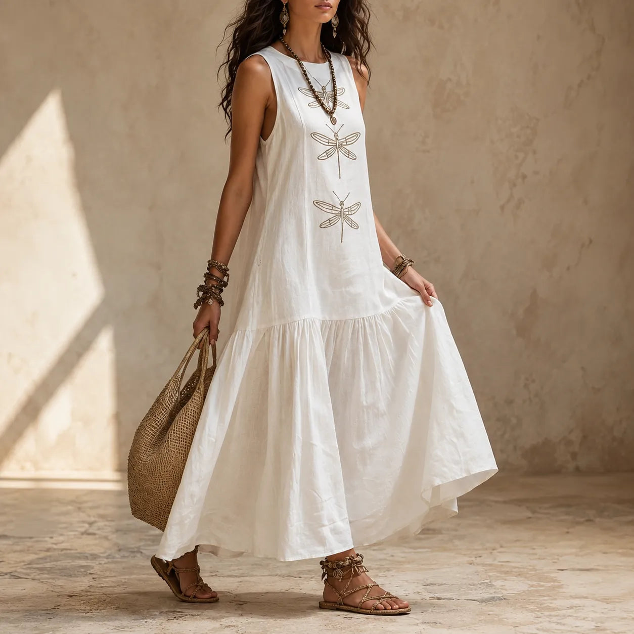 Solenne – Sleeveless Dragonfly Maxi Dress with Drop Waist – Lark