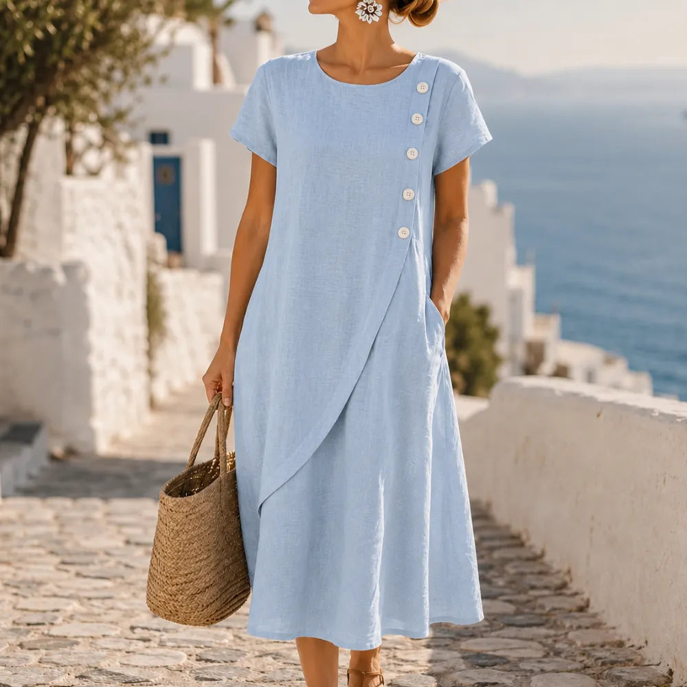 Sumlor – Asymmetric Button Midi Dress with Pockets for Summer