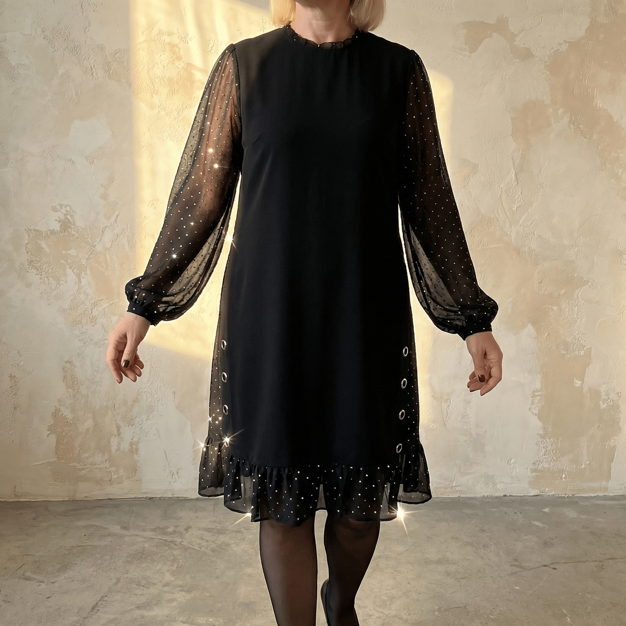 flounce sleeve frill trim star sequin mesh dress Lumiveil – Rhinestone with Ruffle Hem – Lark & Clover Ad/Werbung] 7 Looks of White dress Lined Lace promo:sample Size:35 Short