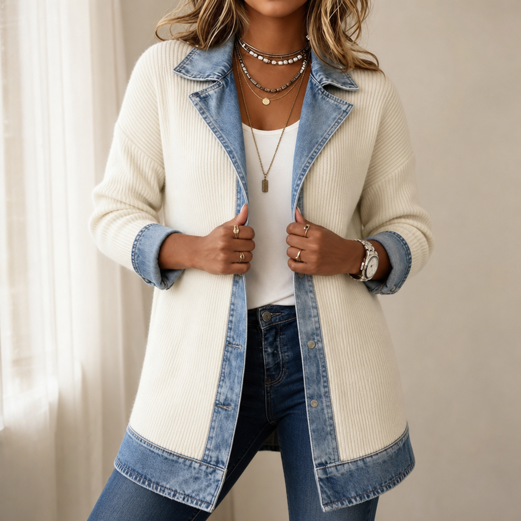 ジャケット・アウター Stone  85AW Ribbed Knit cover all Ribova – Ribbed Knit Coat With Denim Panels – Lark & Clover