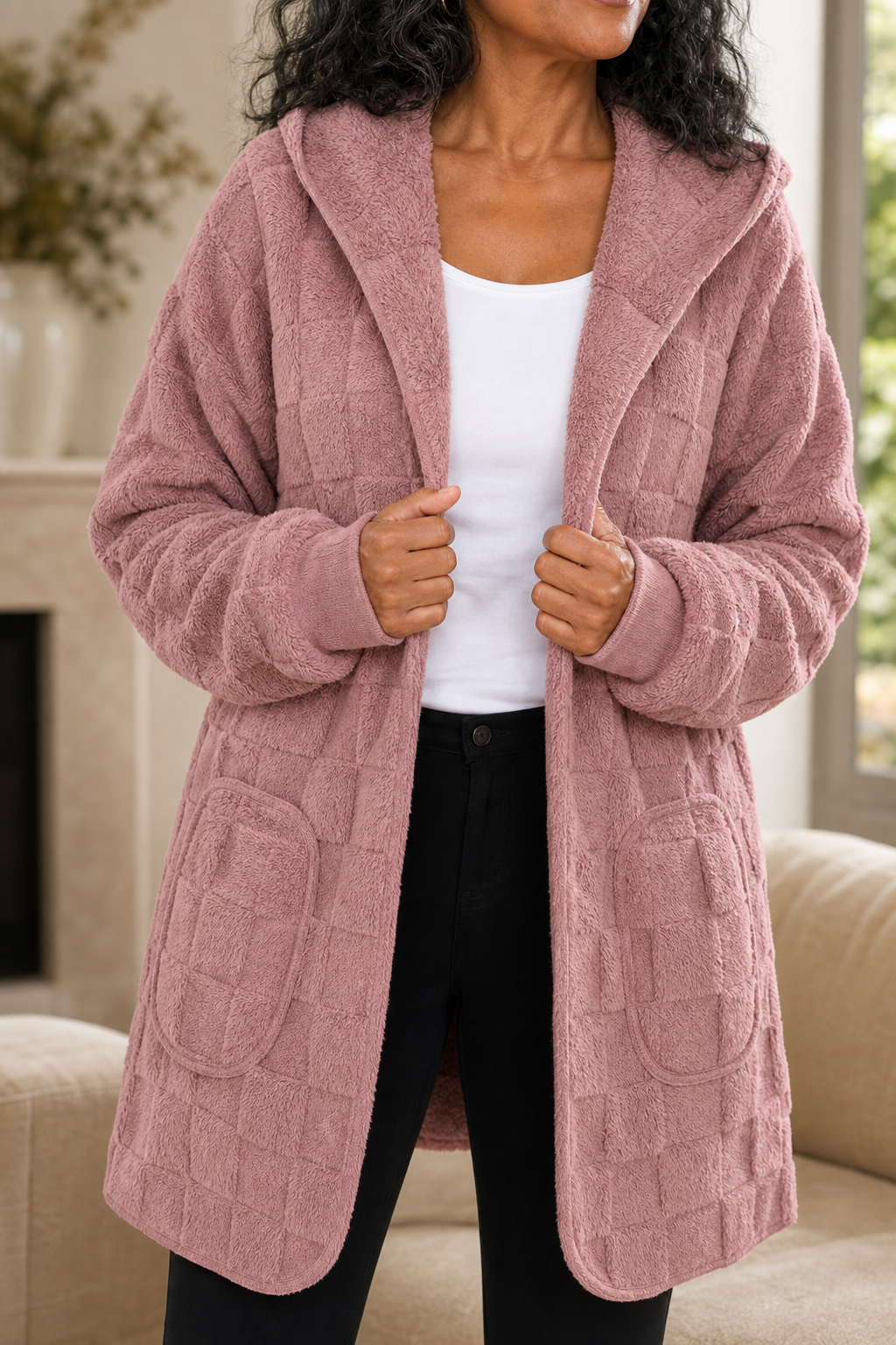 Plushden – Checkered Fuzzy Open-Front Cardigan – Lark & Clover