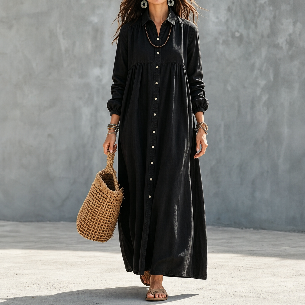 Linalle – Button-Front Linen-Look Maxi Shirt Dress, Long Sleeve A