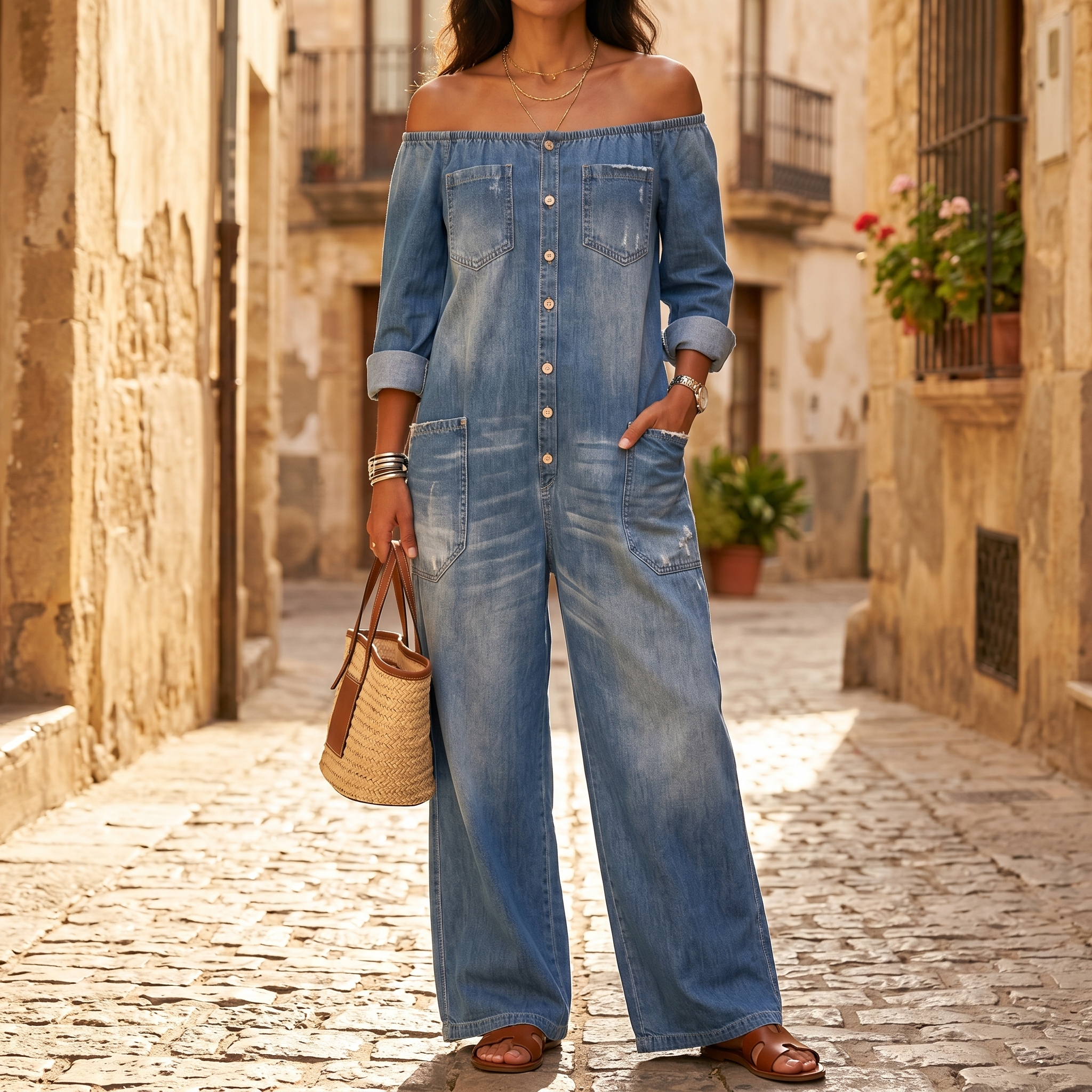 Soluna – Women's Off-Shoulder Wide-Leg Denim Jumpsuit – Lark & Clover