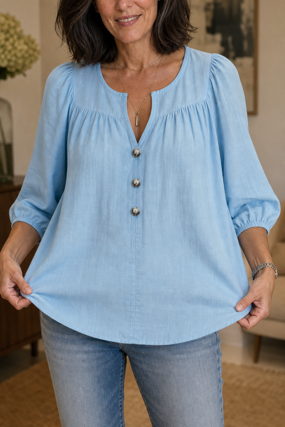 Wearbella – Gathered V-Neck Puff Sleeve Blouse – Lark & Clover