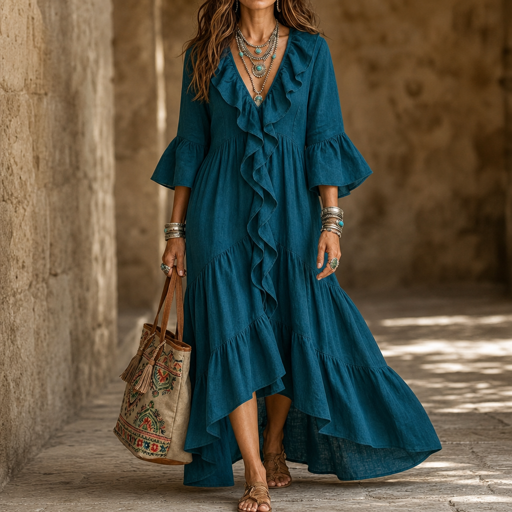 Cascada – High-Low Ruffle V-Neck Bell Sleeve Dress – Lark & Clover