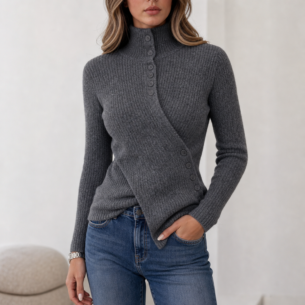 Sylera – Asymmetric Wrap Front Diagonal Button Knit Top – Lark