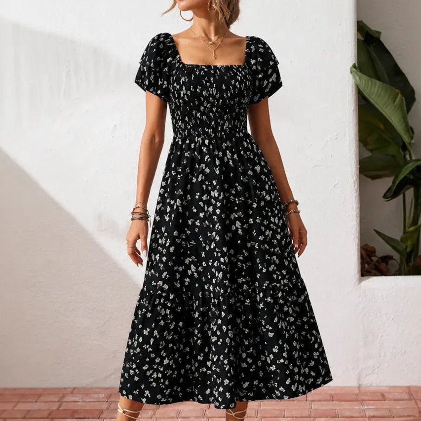 dark floral midi dress Florenza – Square Neck with Smocked Bodice & Tiered Skirt Not Fitted DSRP: $459 Black Fashion Nova Kiki Size:Custom Size/Plus Size