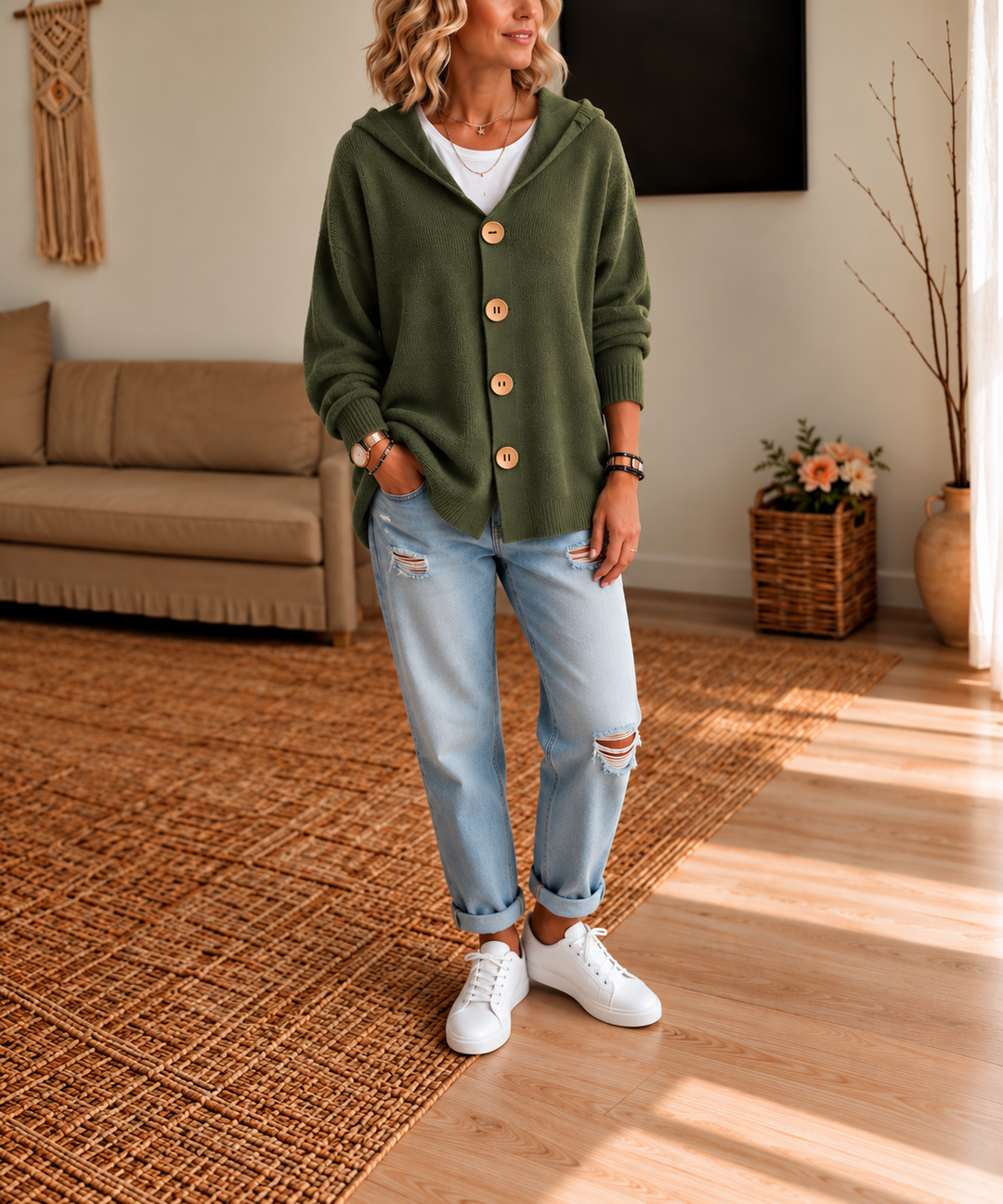 Wearbella – Hooded Waffle-Knit Button-Front Cardigan