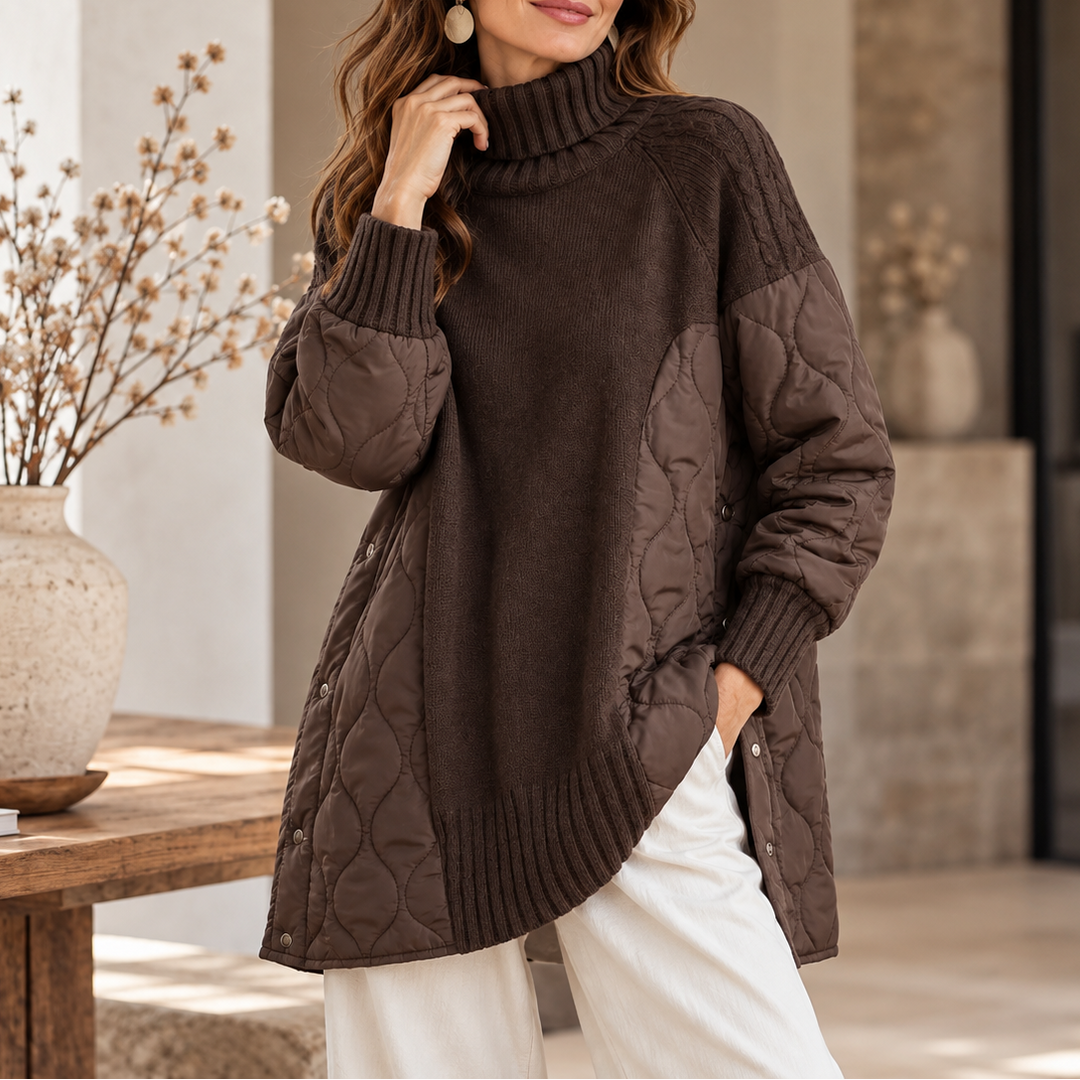 Quilted Haven – Quilted Panel Turtleneck Pullover