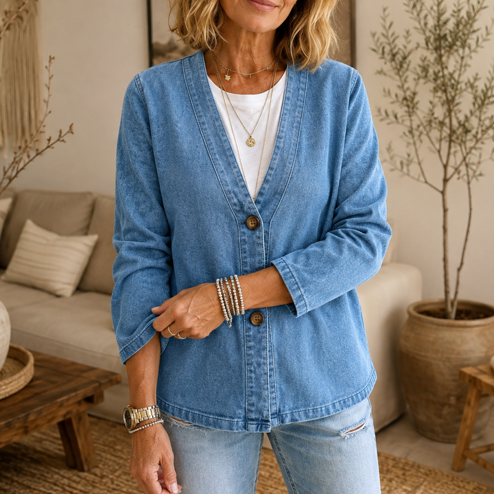 Drapella – Collarless Soft-Denim-Look Button-Down Cardigan