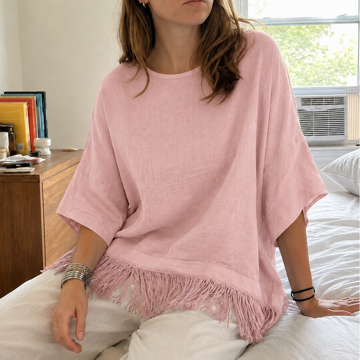 Wovelle – Fringed Hem Boxy Drop-Shoulder Blouse