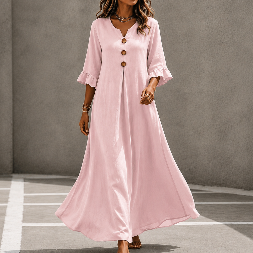 Marellia – Flowy Linen-Look V-Neck Maxi Dress with Pockets