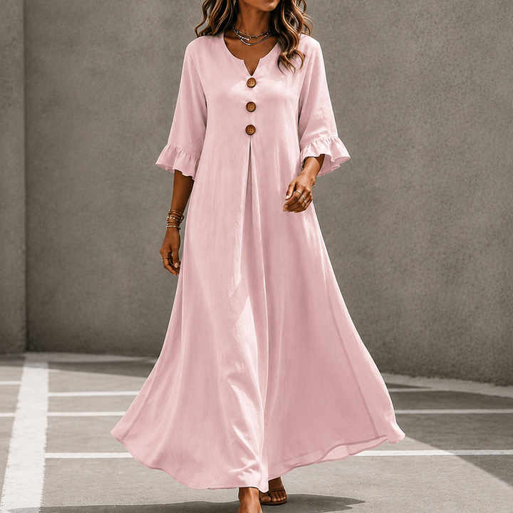 Marellia – Flowy Linen-Look V-Neck Maxi Dress with Pockets