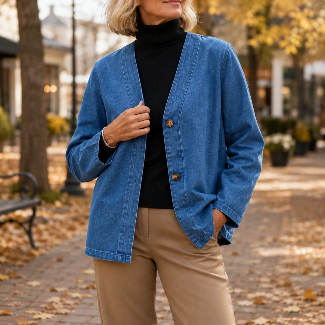 Verelle – Women's V-Neck Collarless Denim-like Jacket, Soft Button Verelle – Women's V-Neck Collarless Denim-like Jacket, Soft Button