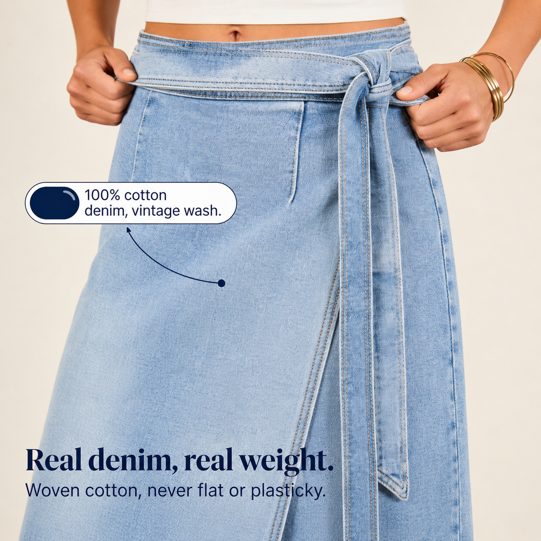 Trueline Denim – Adjustable Tie-Waist Wrap Midi Skirt