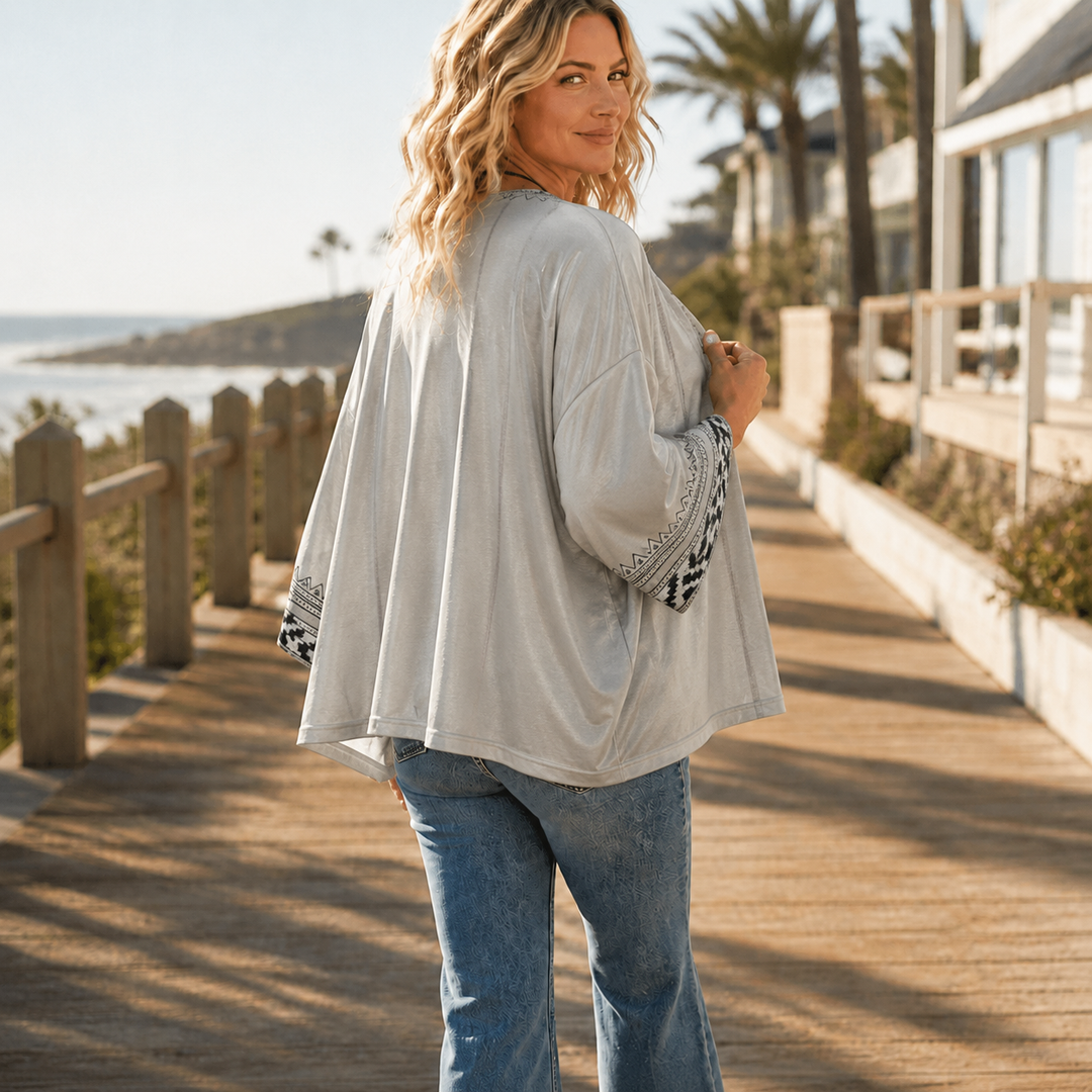 Wearbella – Retro Geometric Print Open-Front Cardigan