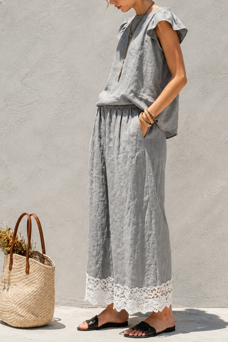 Linenza – Crochet-Hem Ruffle-Sleeve Two-Piece Set