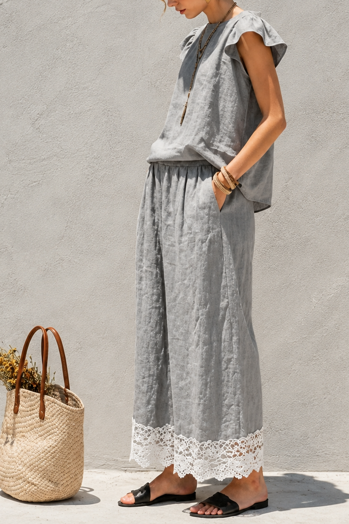 Linenza – Crochet-Hem Ruffle-Sleeve Two-Piece Set