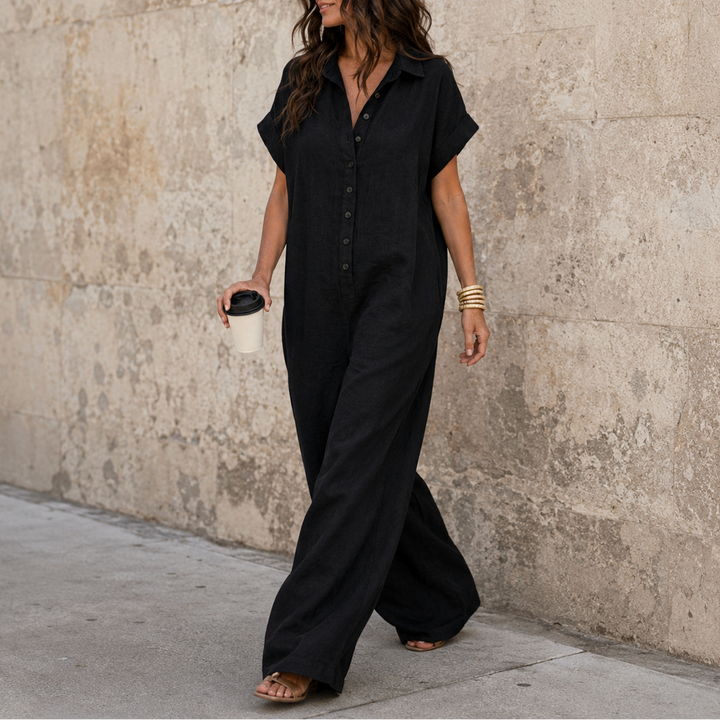 Fauxmalwear – Wide-Leg Button-Front Shirt Collar Jumpsuit