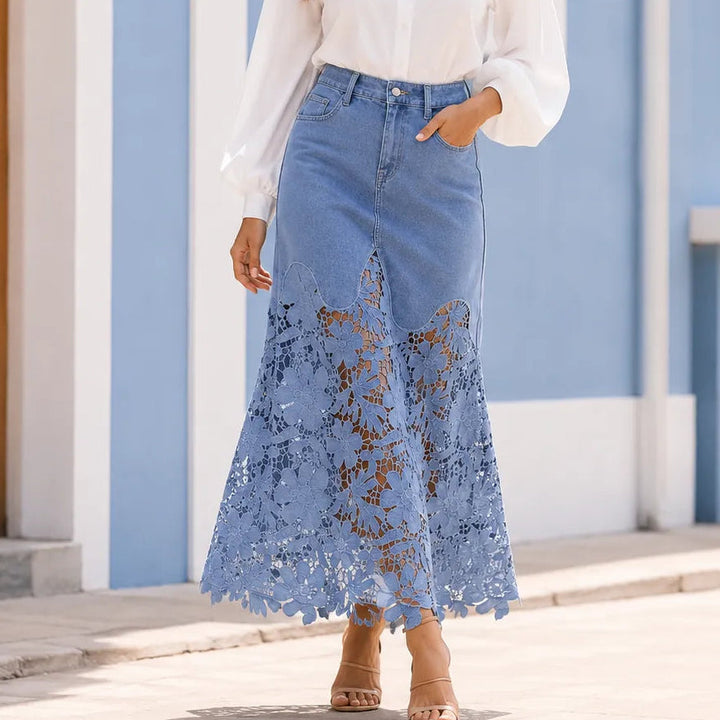 Florenza – Floral lace hem high waist denim maxi skirt with pockets