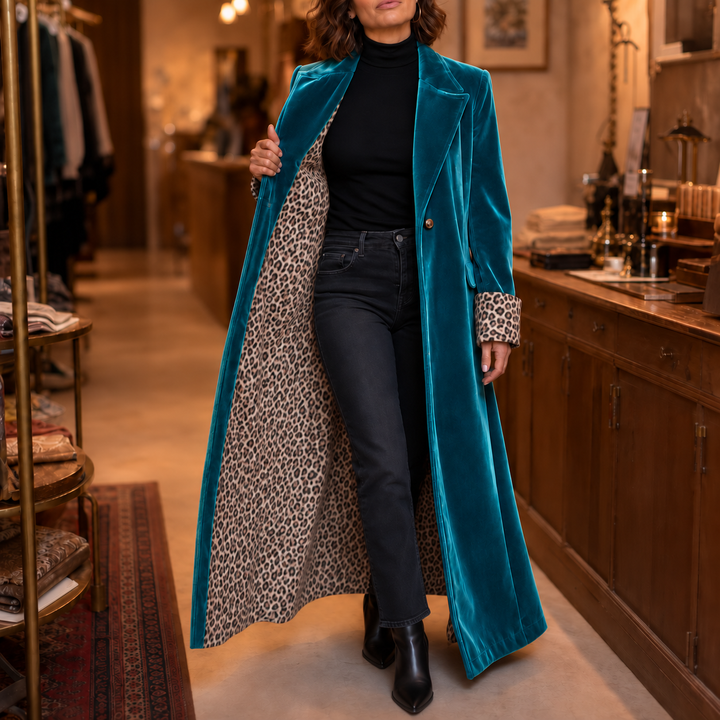 Velmora – Leopard-Lined Velvet Maxi Coat