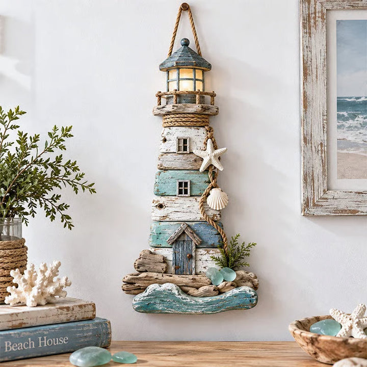Driftwood Beacon – Distressed Coastal Lighthouse Wall Decor