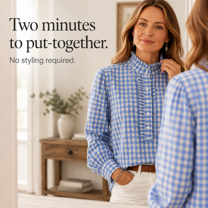 Larkspur – Ruffle Collar Gingham Placket Blouse