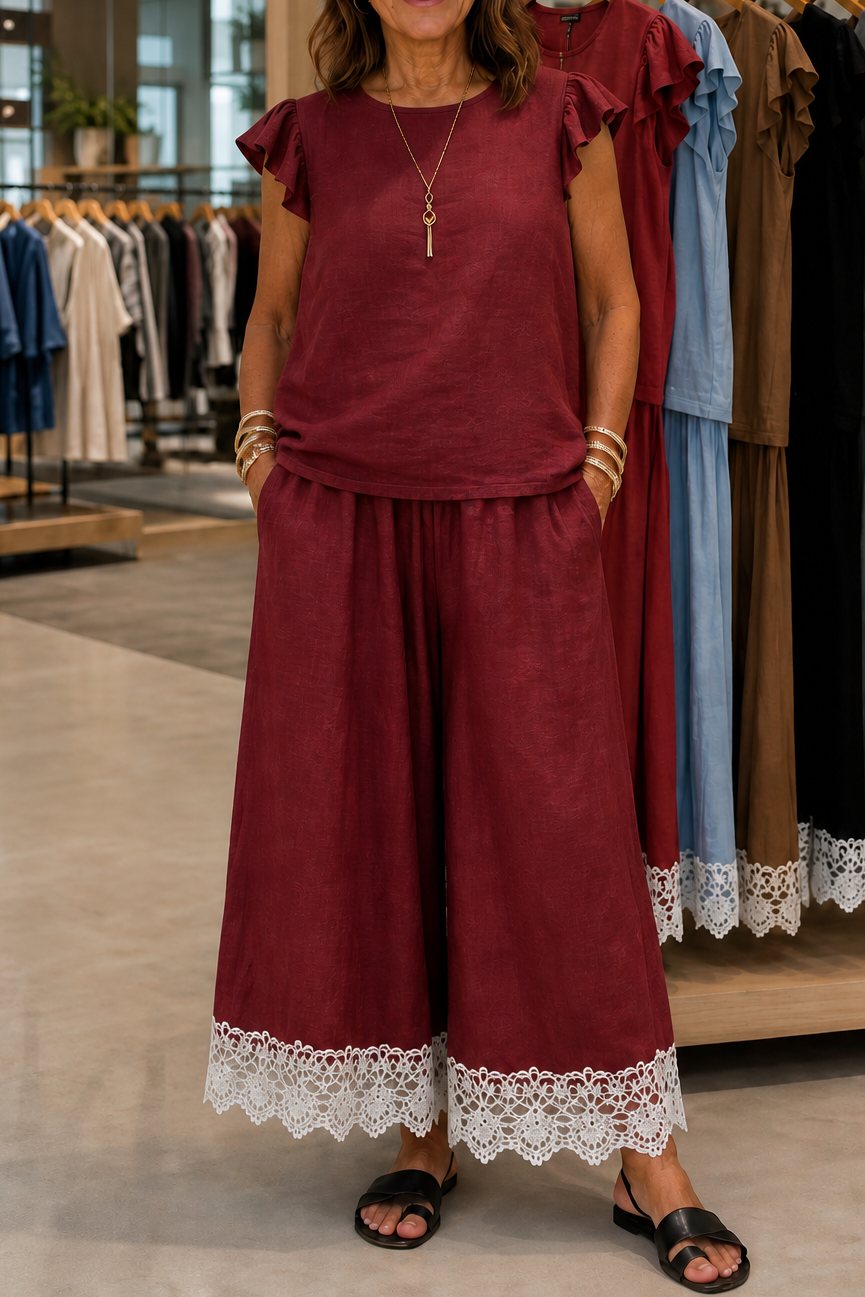 Linenza – Crochet-Hem Ruffle-Sleeve Two-Piece Set