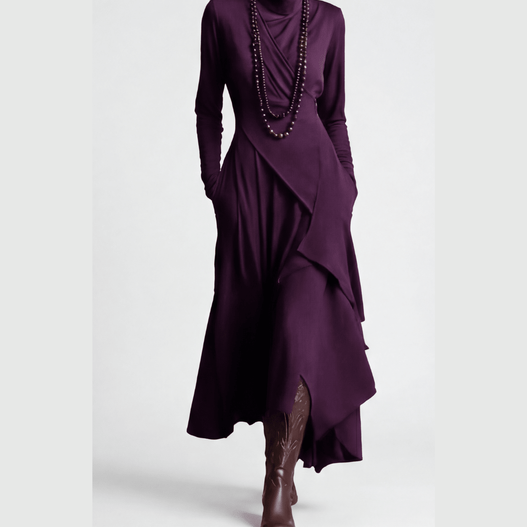 Florenne™ – Asymmetrical Draped High Neck Maxi Dress - Lark & Clover