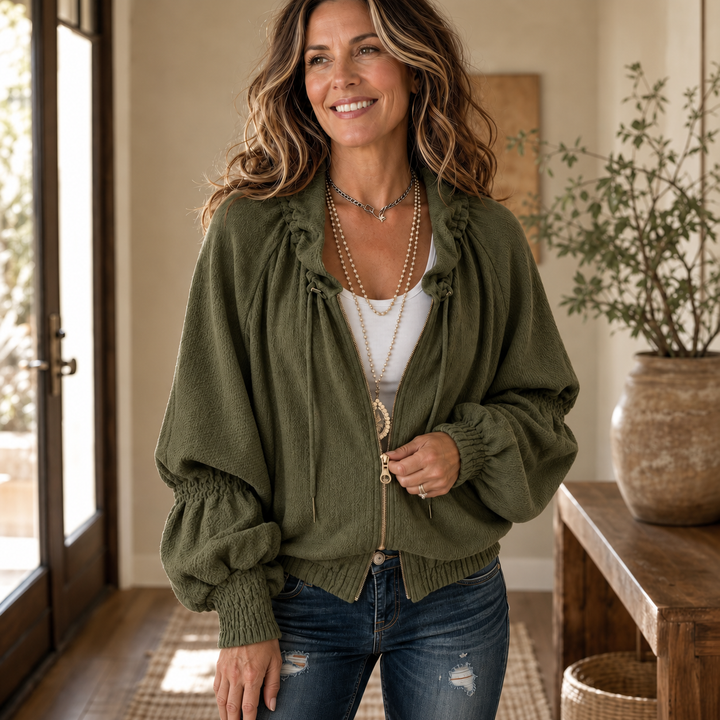 Wearbella – Textured Batwing Drawstring Collar Zip Jacket