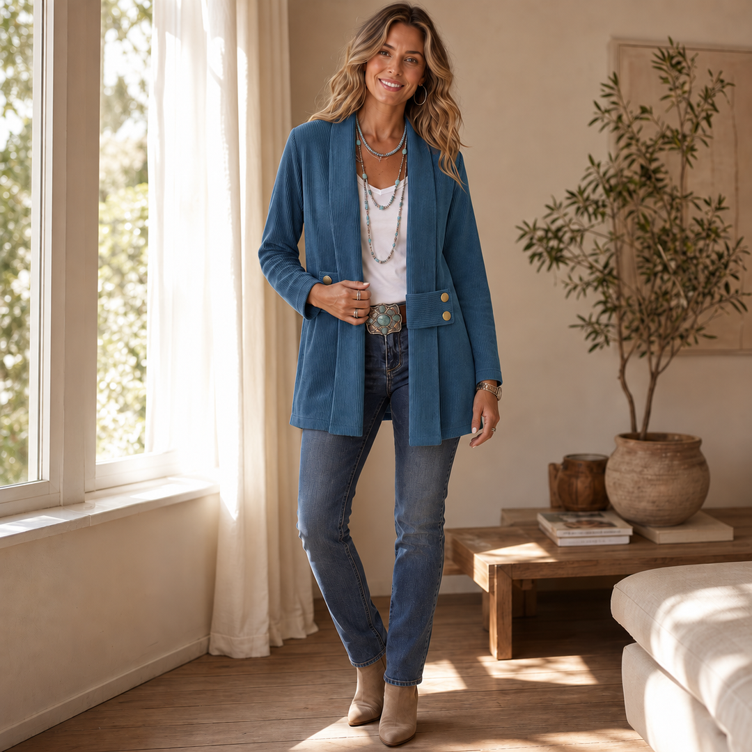 Ribvale – Open-Front Ribbed Corduroy Waist-Tab Jacket