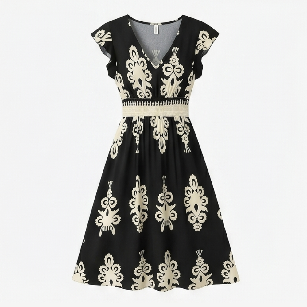 Osyrel™ – Damask Print Midi Dress with V-Neck