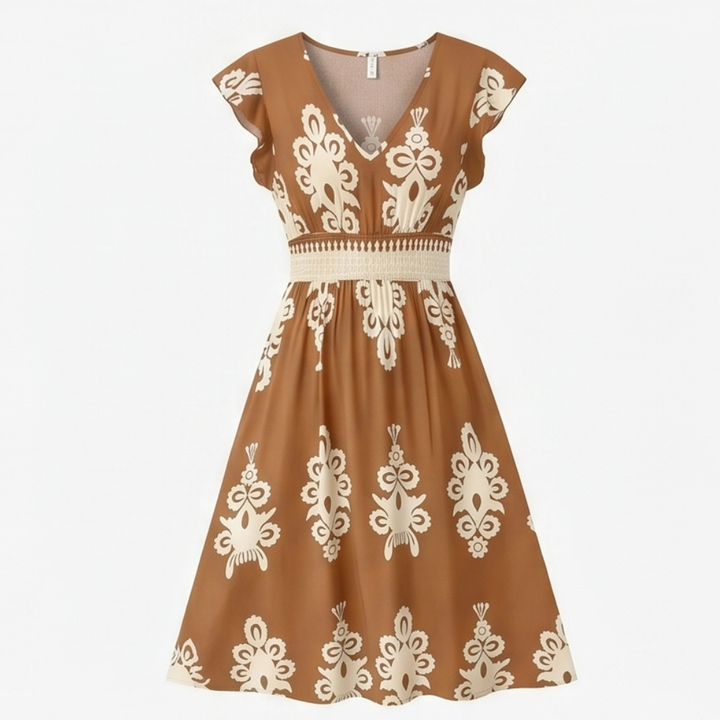 Osyrel™ – Damask Print Midi Dress with V-Neck