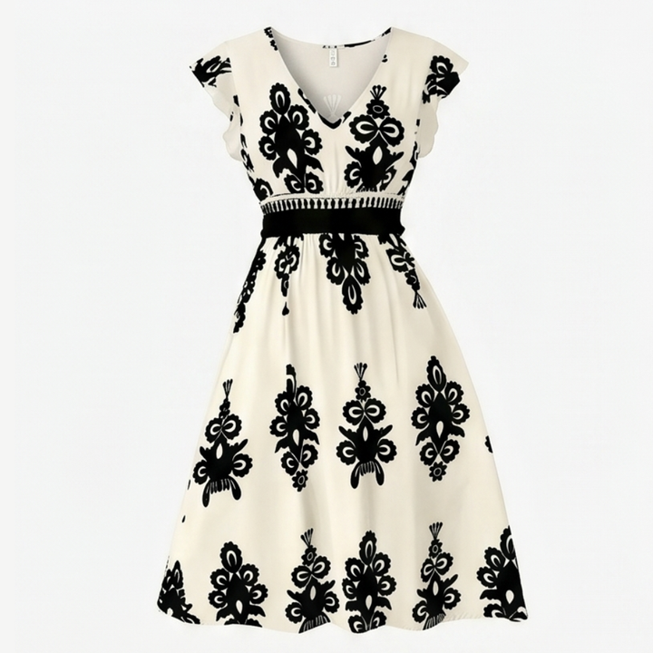 Osyrel™ – Damask Print Midi Dress with V-Neck