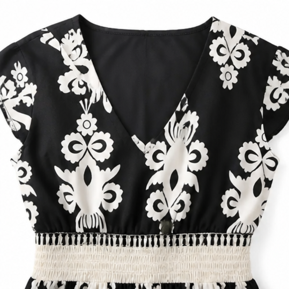 Osyrel™ – Damask Print Midi Dress with V-Neck