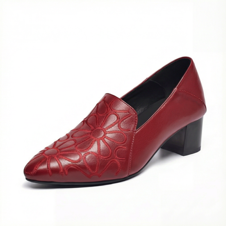 Floressa™ – Embroidered Leather Pumps with Cushioned Heel