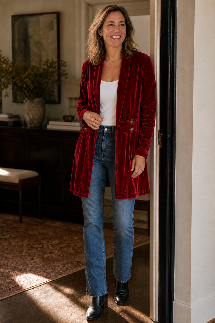 Velbourne – Double-Breasted Velvet-Look Cardigan