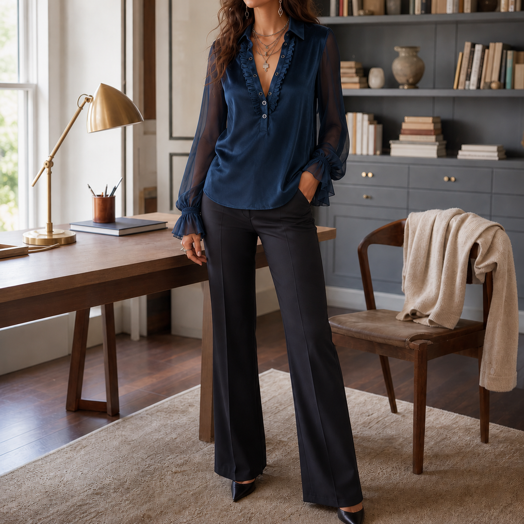 Veloura – Velvet Patchwork Ruffle Sleeve Blouse