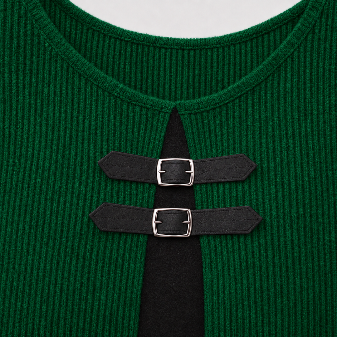 Duetta – Faux Two-Piece Buckle-Accent Ribbed A-Line Dress