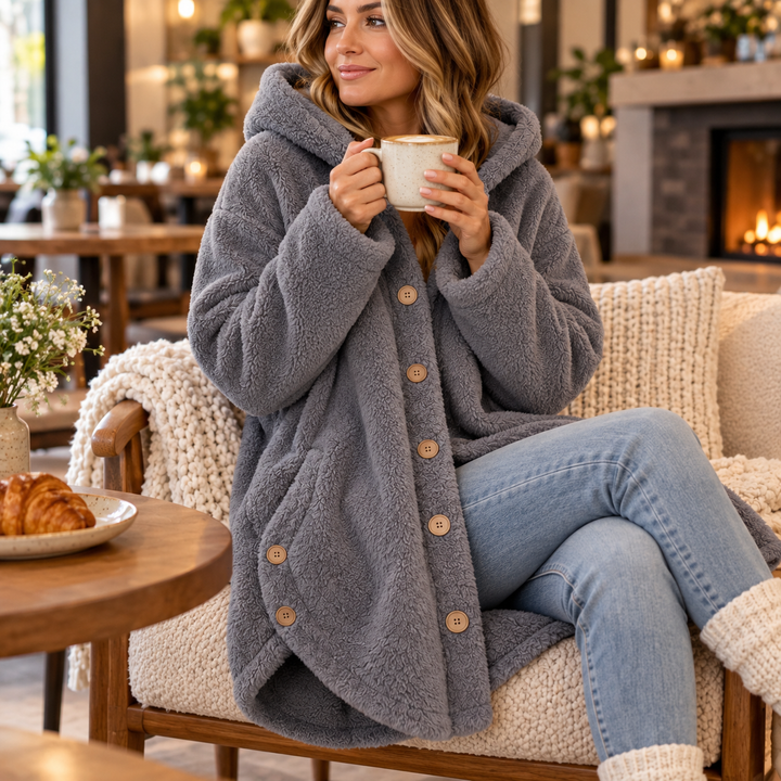 Veluna – Asymmetrical Button-Front Hooded Fleece Coat