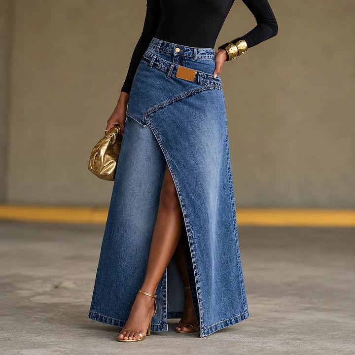 Saviera – Asymmetric Layered Denim Maxi Skirt with High Front Slit