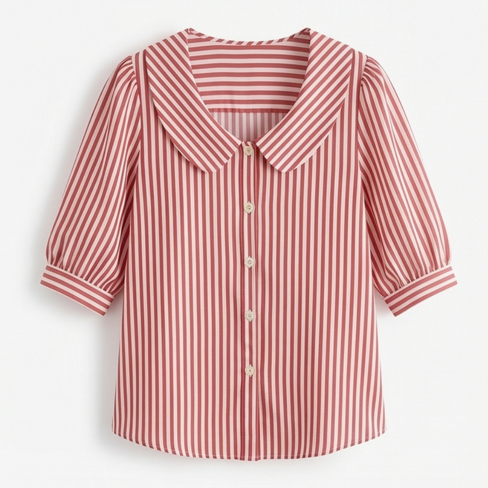 Solène™ Striped Sailor Collar Blouse with Puff Sleeves
