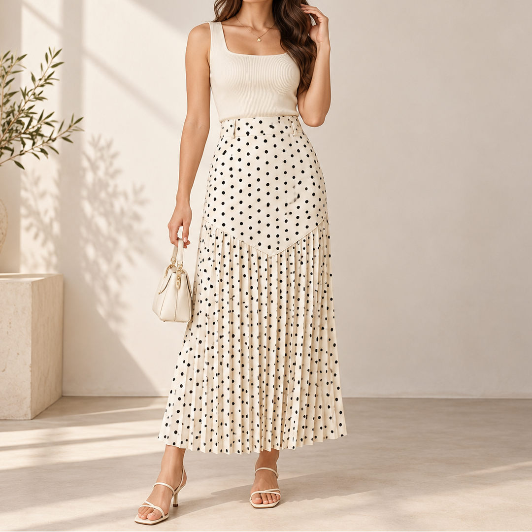 Wearbella – Polka Dot Pleated A-Line Midi Skirt