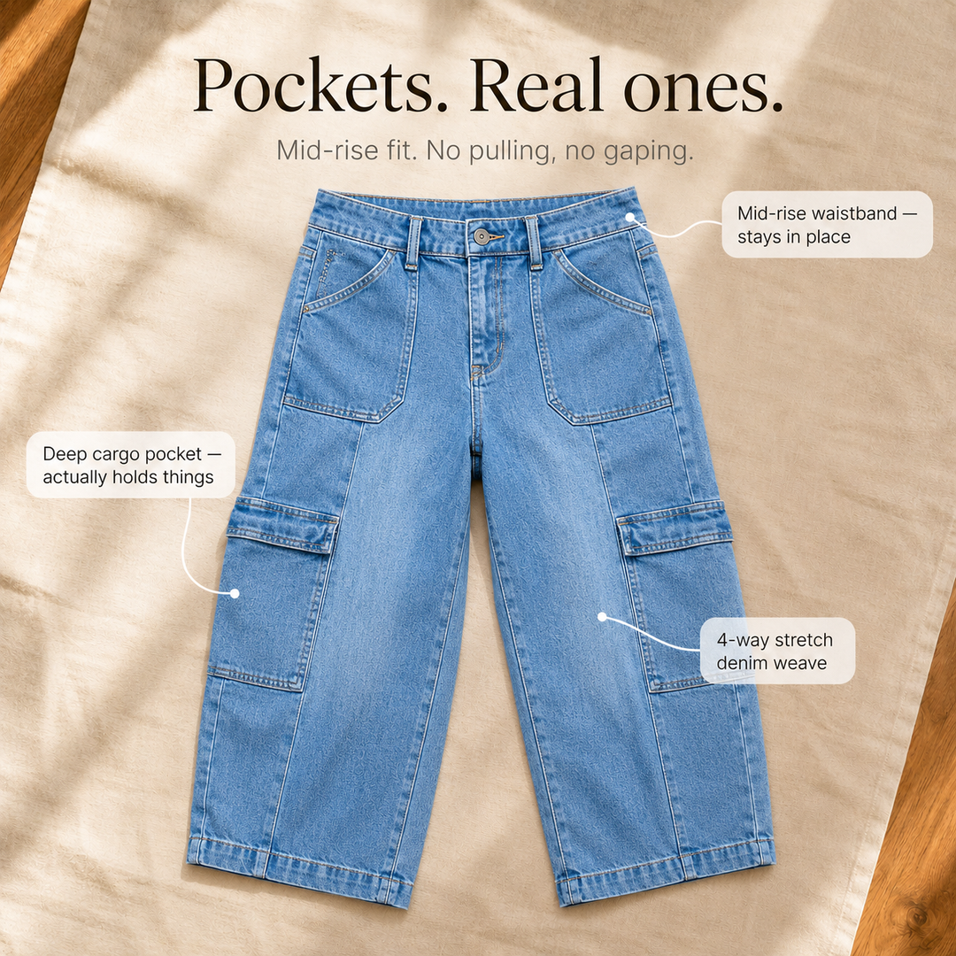 Mayfield – Cropped Barrel Denim look Capris with Cargo Pockets, Stretch Fit