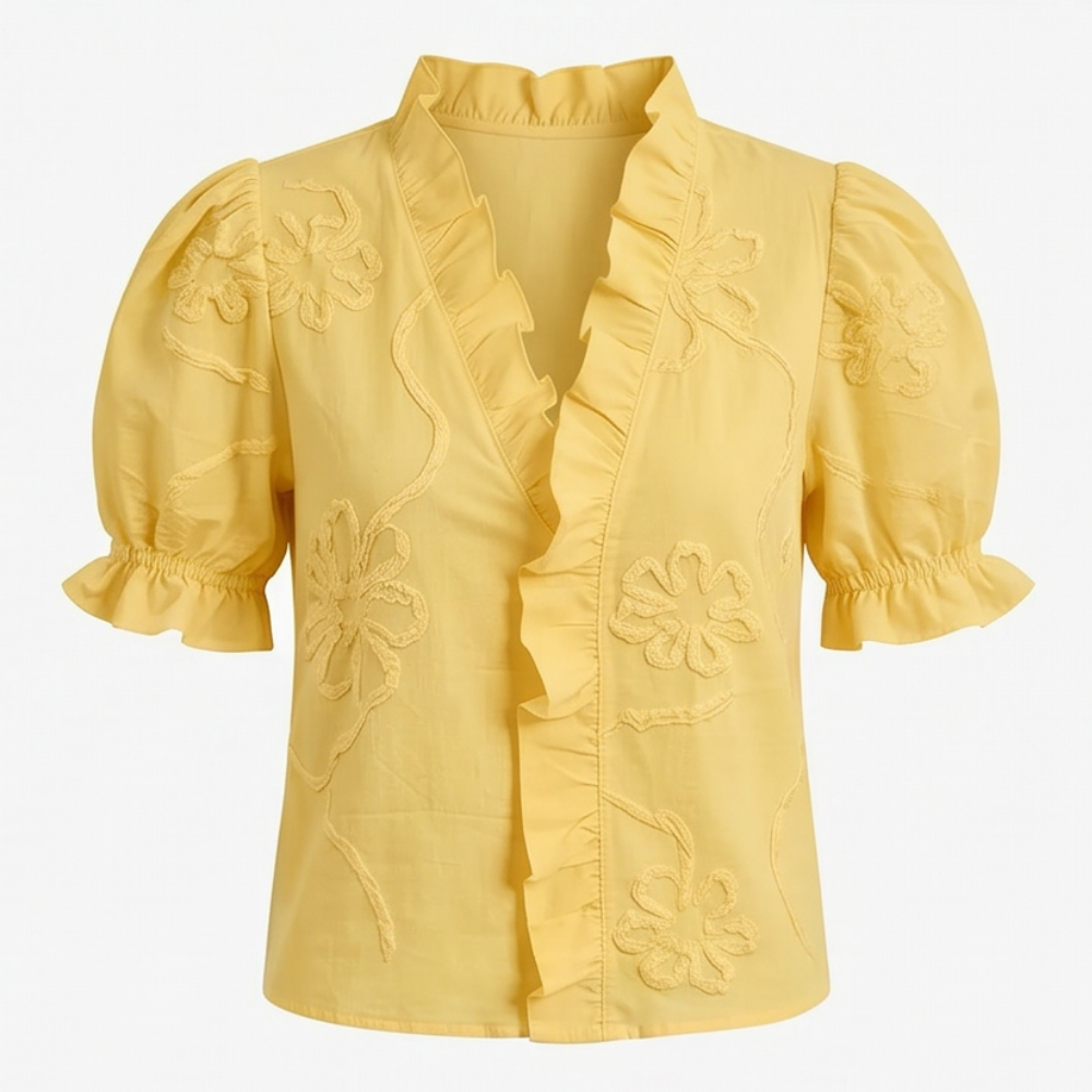 Belvera™ Romantic Ruffled V-Neck Blouse with Puff Sleeves