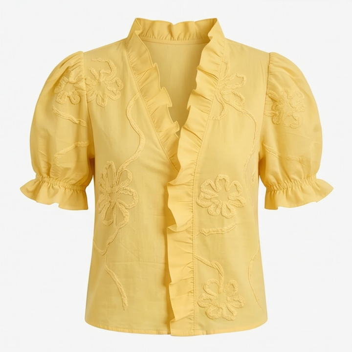 Belvera™ Romantic Ruffled V-Neck Blouse with Puff Sleeves