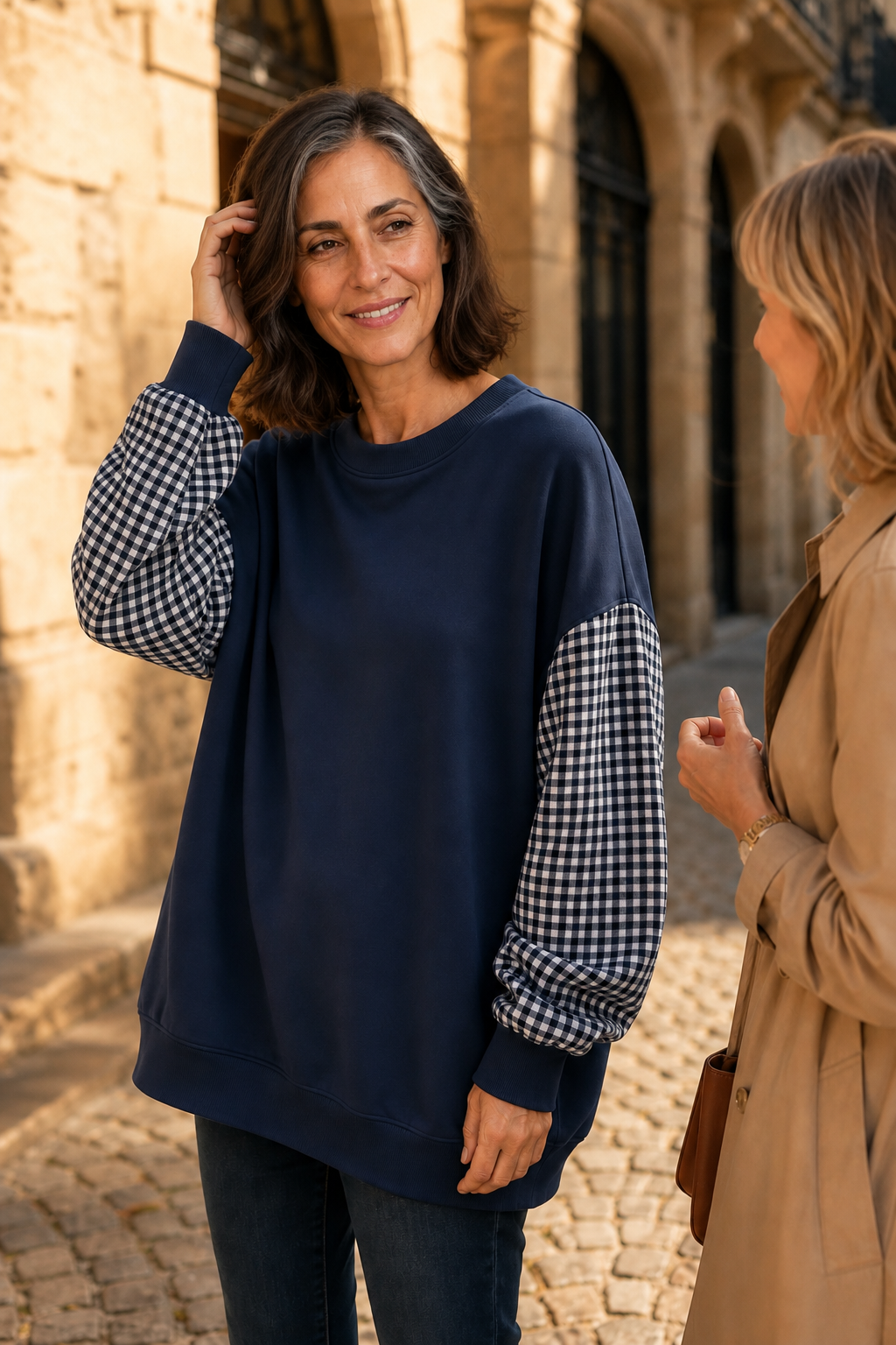 Blockline – Patchwork Plaid Loose Crew Neck Top