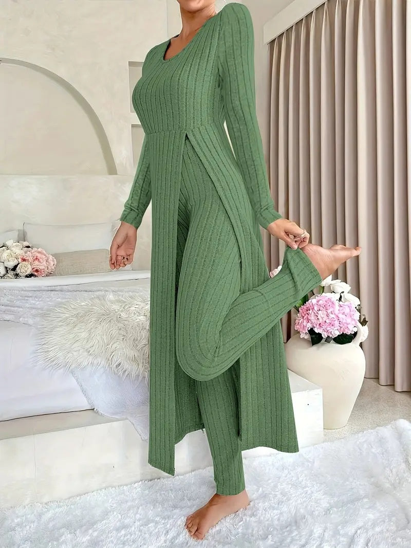 Wearbella – Ribbed Longline Top And Slim Pants Set